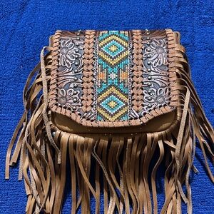 Montana West Brown Fringe Crossbody with Turquoise and Yellow Beadwork